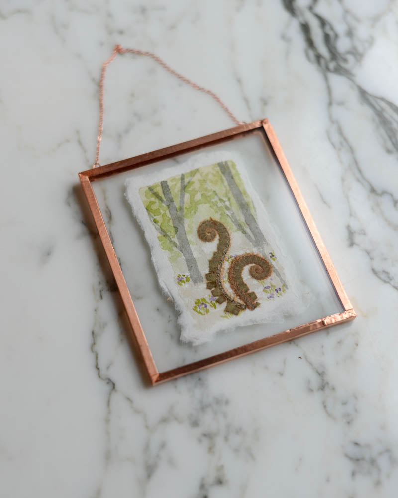 Unfurling: Fiddlehead Forest - Watercolor in Small Glass and Copper Wall Hanging