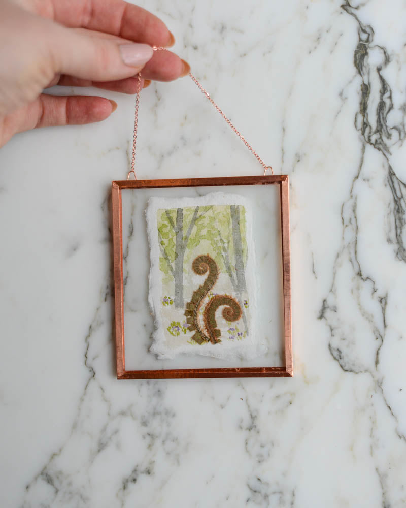 Unfurling: Fiddlehead Forest - Watercolor in Small Glass and Copper Wall Hanging