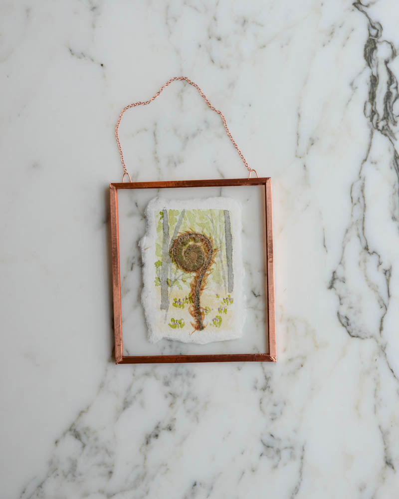 Unfurling: Fiddlehead Forest - Watercolor in Small Glass and Copper Wall Hanging