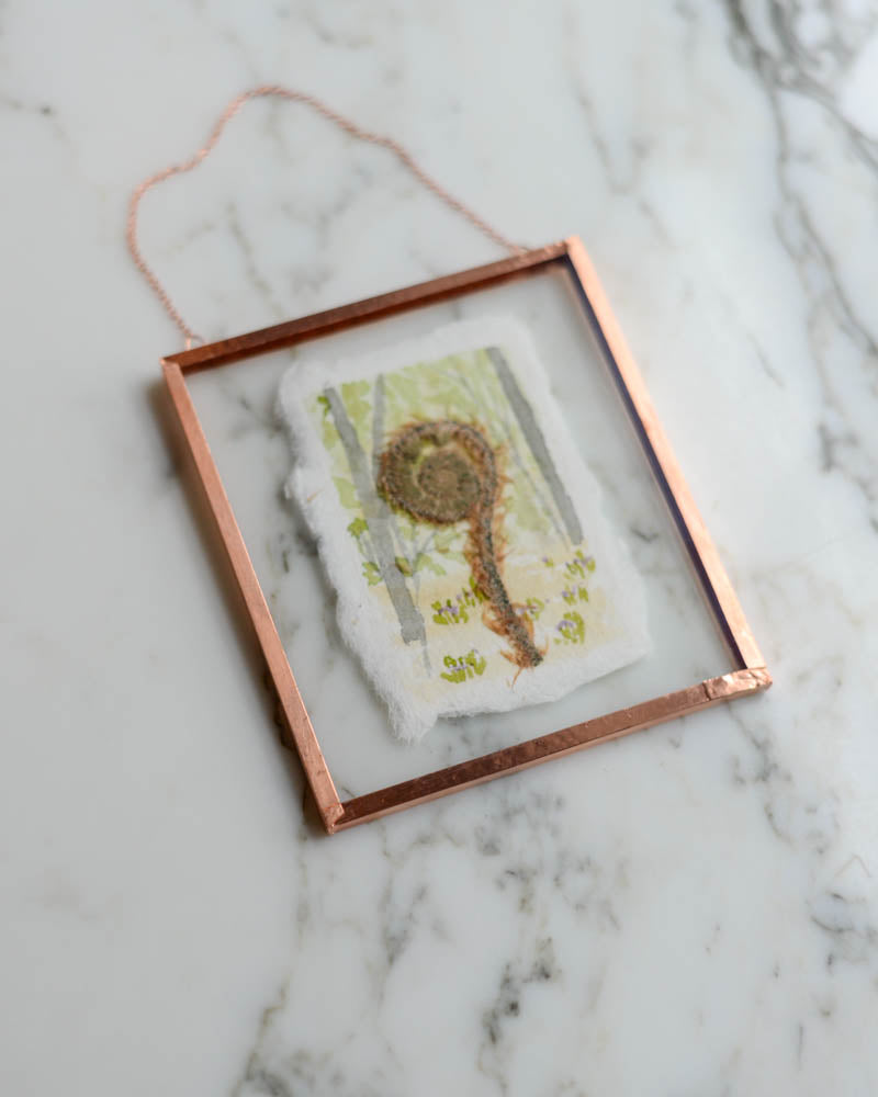 Unfurling: Fiddlehead Forest - Watercolor in Small Glass and Copper Wall Hanging