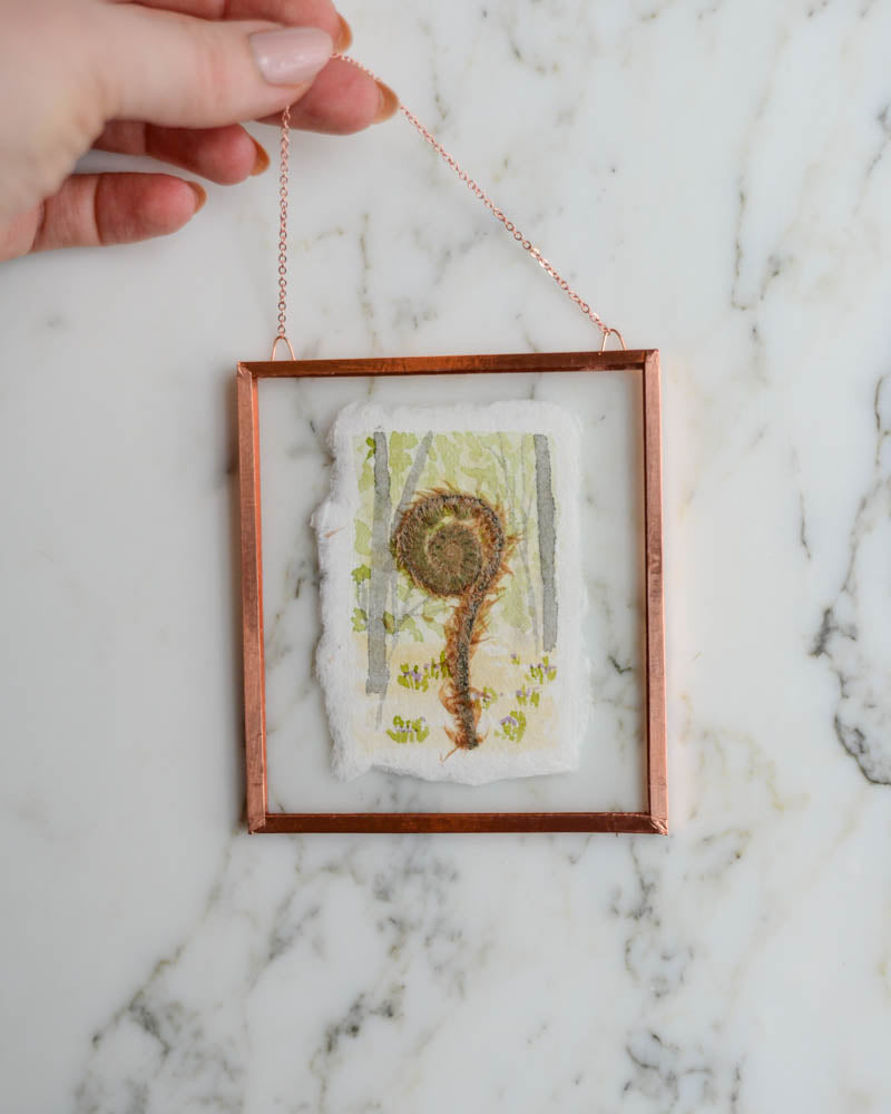 Unfurling: Fiddlehead Forest - Watercolor in Small Glass and Copper Wall Hanging
