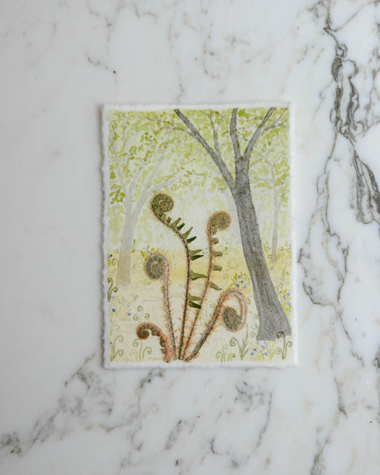 Unfurling: Fiddlehead Forest - Original Artwork, 5x7" Watercolor and Pressed Flowers