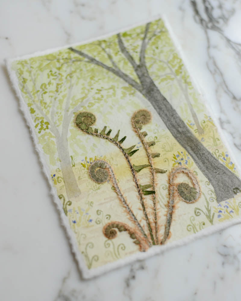 Unfurling: Fiddlehead Forest - Original Artwork, 5x7" Watercolor and Pressed Flowers
