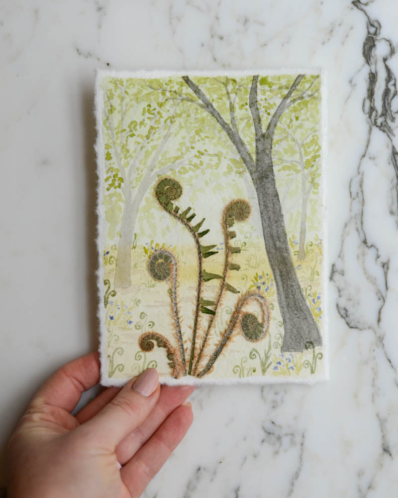 Unfurling: Fiddlehead Forest - Original Artwork, 5x7" Watercolor and Pressed Flowers