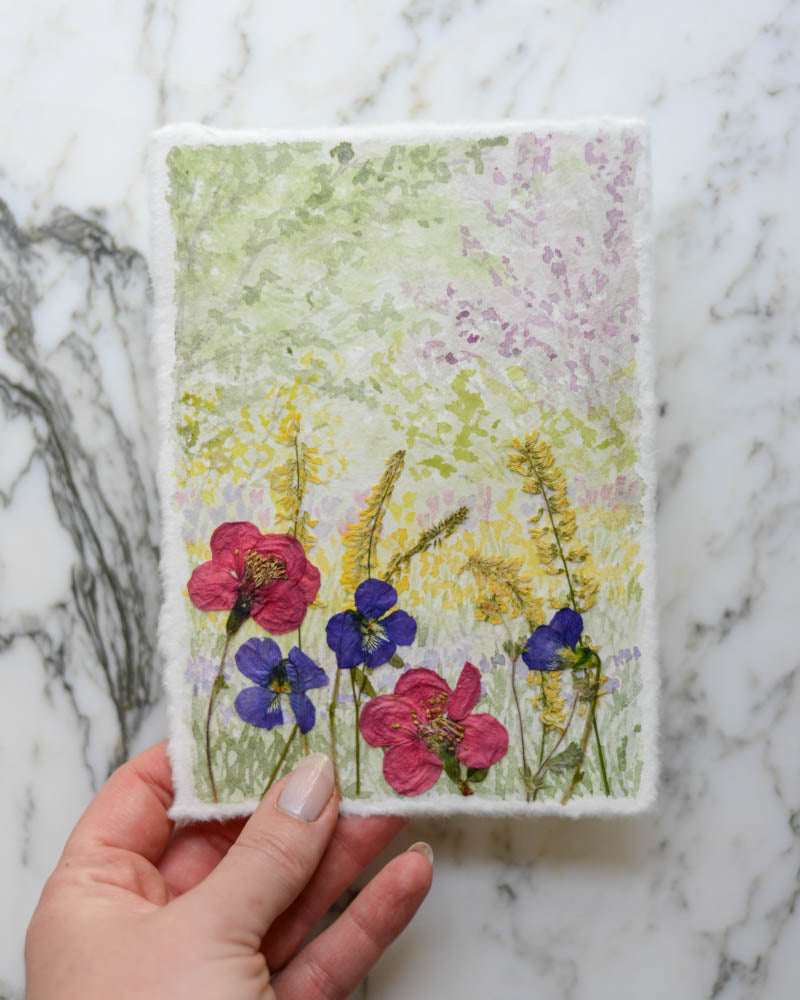 Spring in Bloom - Original Artwork, 5x7" Watercolor and Pressed Flowers