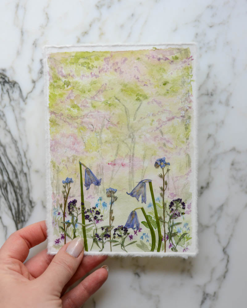 Bluebell Wood - Original Artwork, 5x7" Watercolor and Pressed Flowers