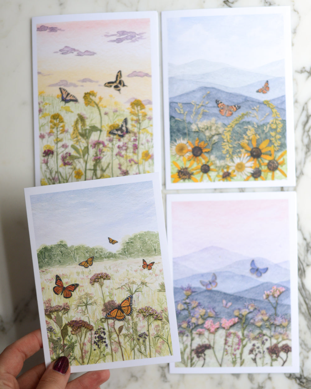 Butterfly Meadows - Blank Watercolor Greeting Cards, set of 4+ with envelopes