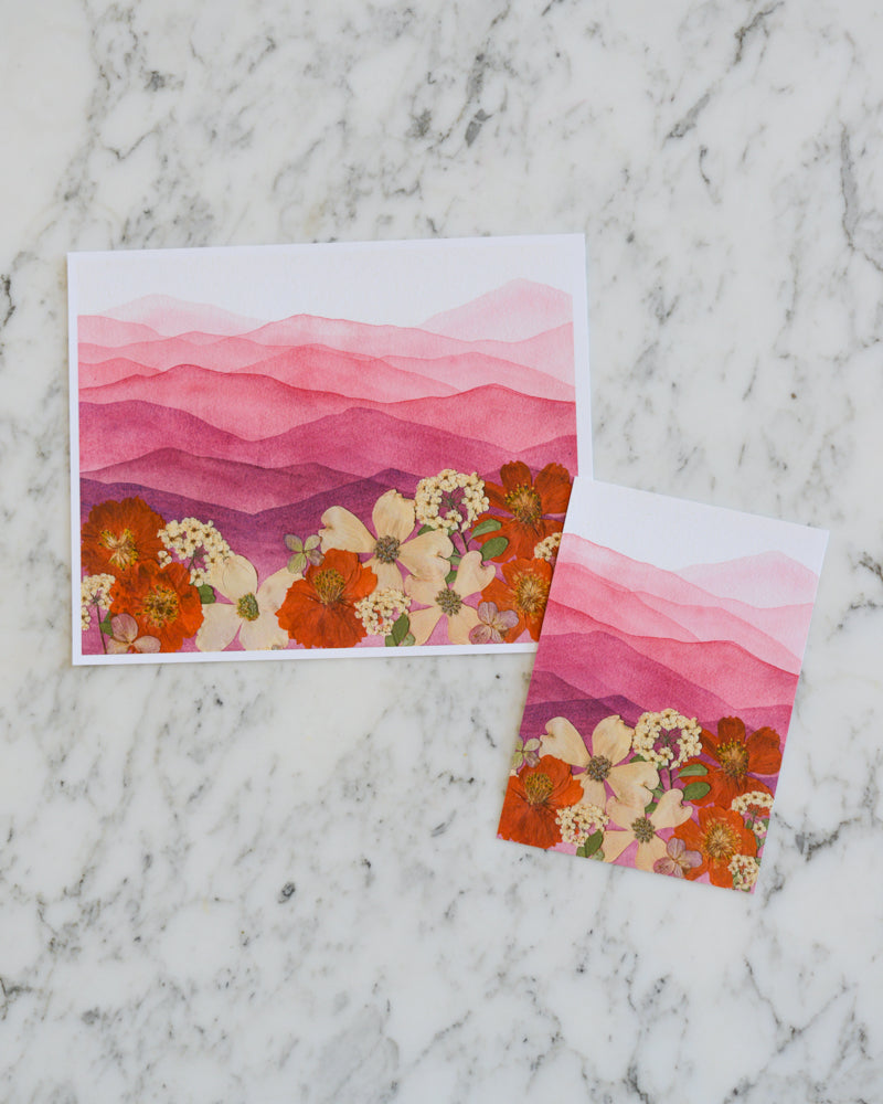Mountain Home - Maroon & Orange - Watercolor Flowerscape Print artwork