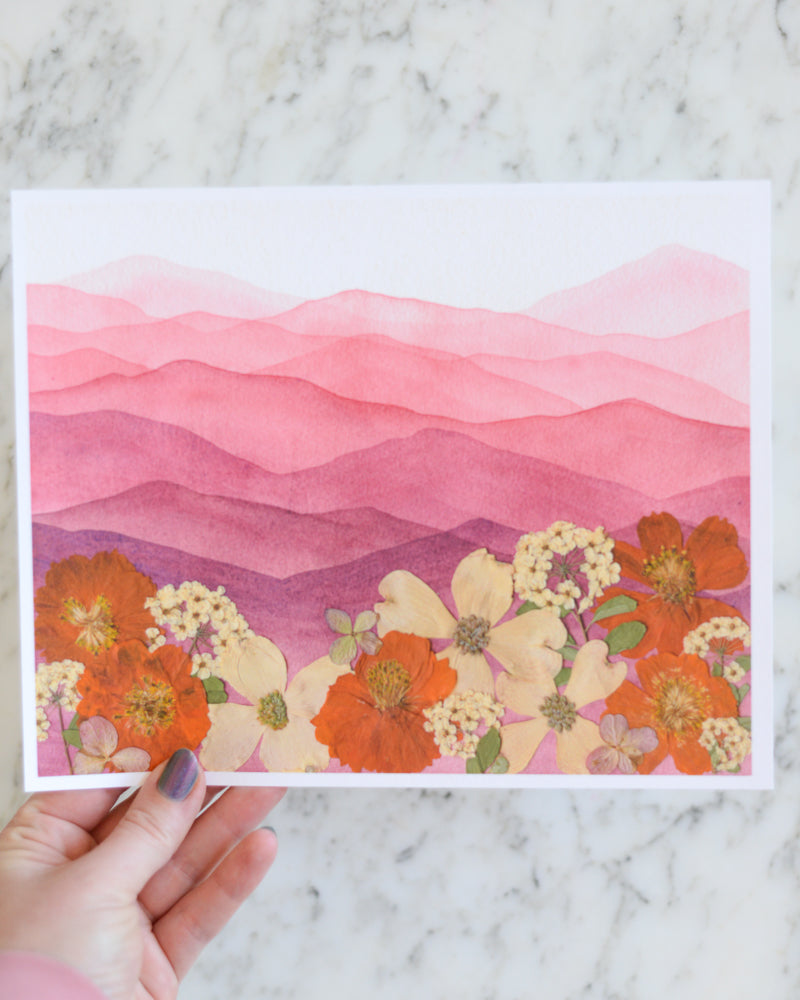 Mountain Home - Maroon & Orange - Watercolor Flowerscape Print artwork