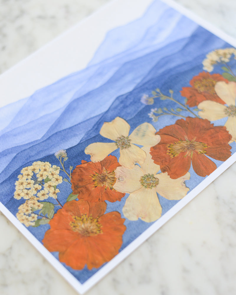 Mountain Home - Blue & Orange - Watercolor Flowerscape Print artwork
