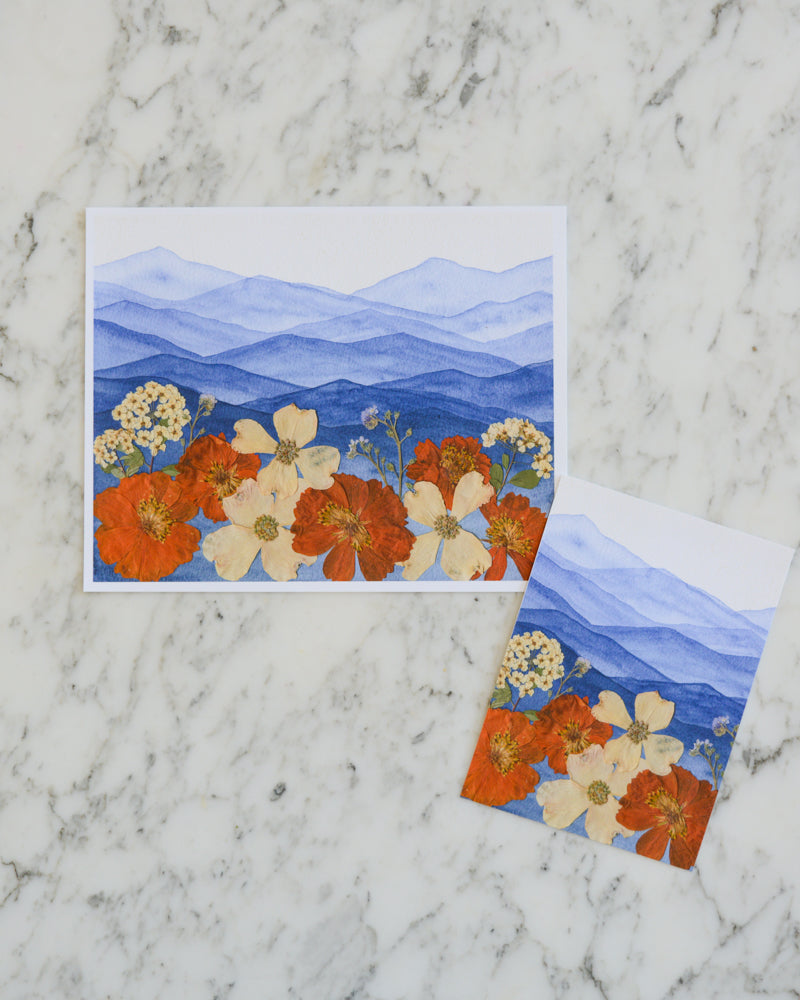 Mountain Home - Blue & Orange - Watercolor Flowerscape Print artwork