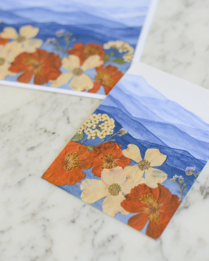 Mountain Home - Blue & Orange - Watercolor Flowerscape Print artwork
