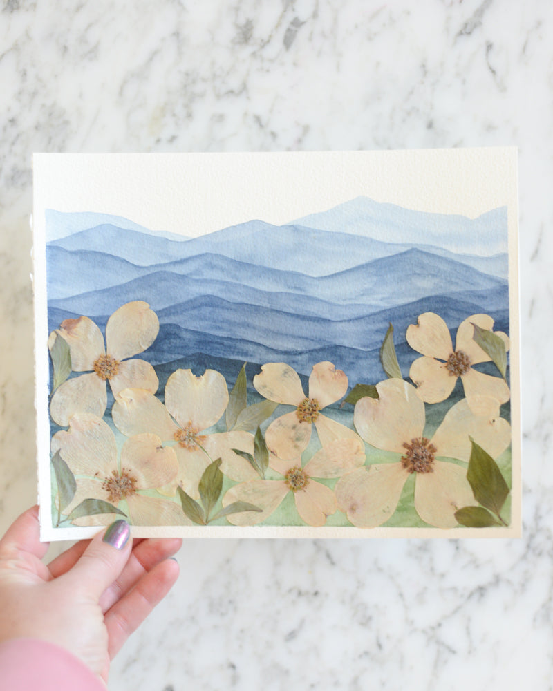 Mountain Home - Blue Ridge Dogwoods - Original Artwork, 8x10" Watercolor and Pressed Flowers