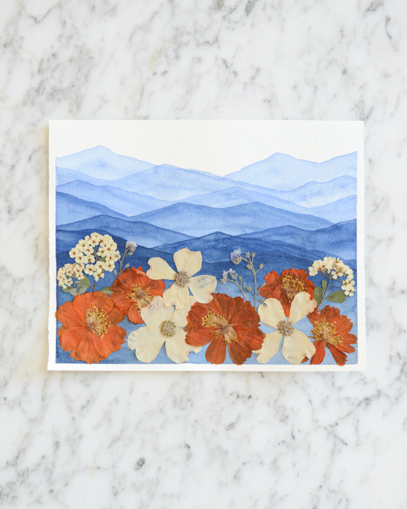 Mountain Home - Blue and Orange - Original Artwork, 8x10" Watercolor and Pressed Flowers