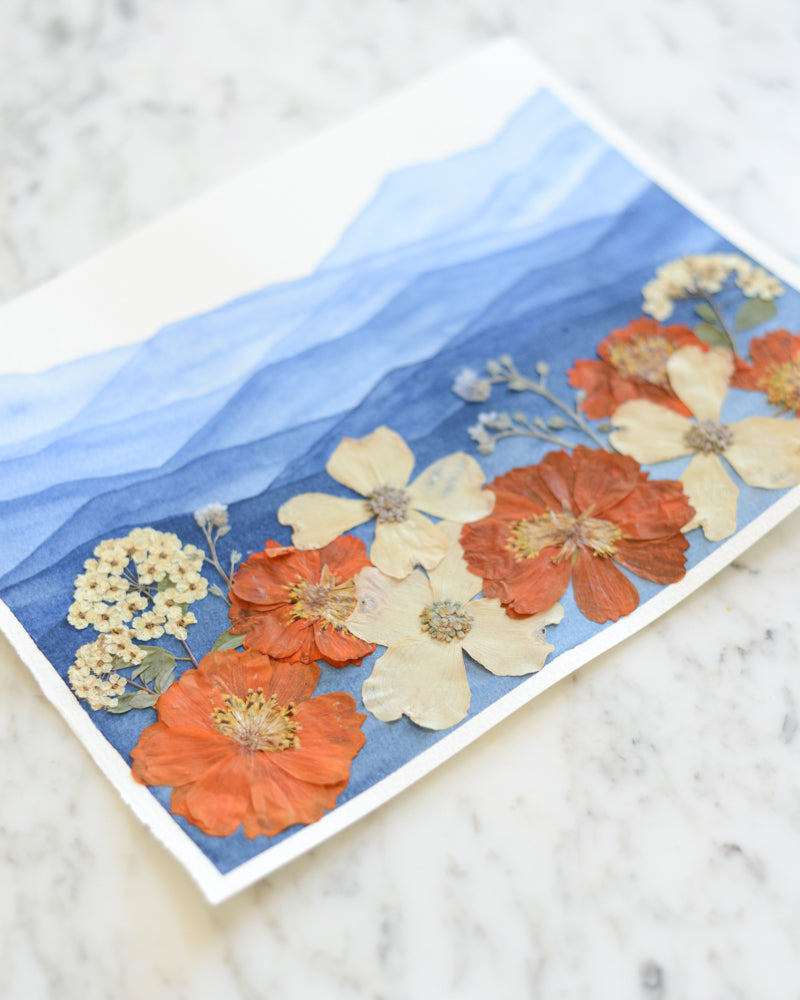 Mountain Home - Blue and Orange - Original Artwork, 8x10" Watercolor and Pressed Flowers