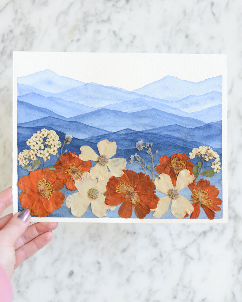 Mountain Home - Blue and Orange - Original Artwork, 8x10" Watercolor and Pressed Flowers