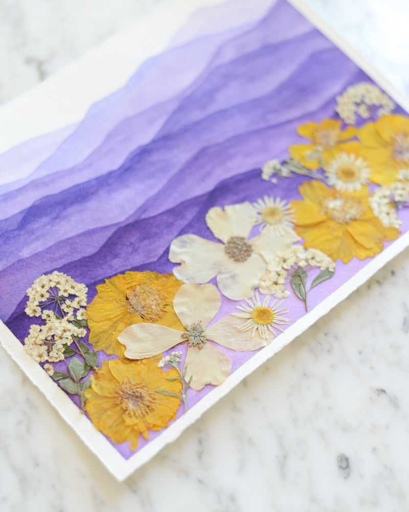 Mountain Home - Purple and Gold - Original Artwork, 8x10" Watercolor and Pressed Flowers