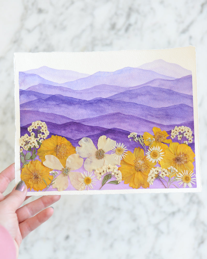 Mountain Home - Purple and Gold - Original Artwork, 8x10" Watercolor and Pressed Flowers