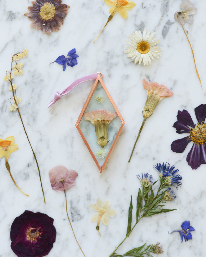 Birth Flower Ornament - Real Pressed Flowers in Beveled Glass and Copper