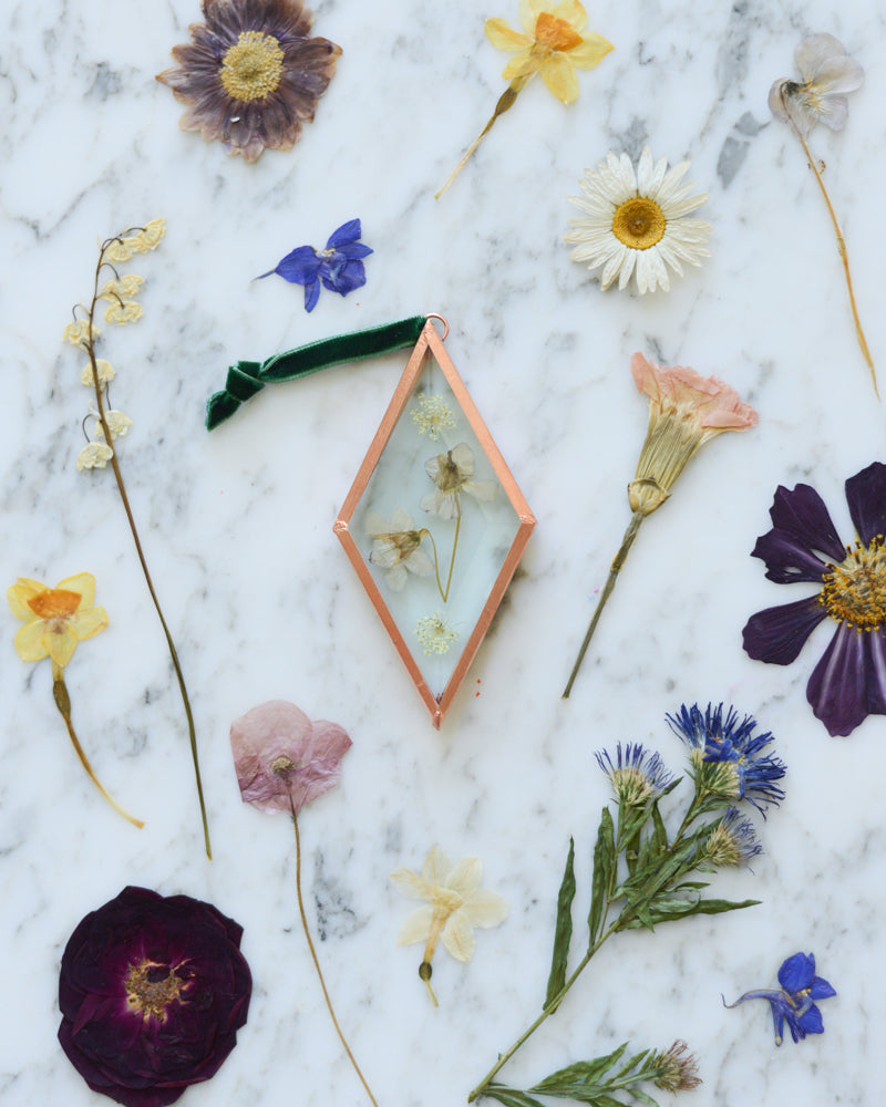 Birth Flower Ornament - Real Pressed Flowers in Beveled Glass and Copper