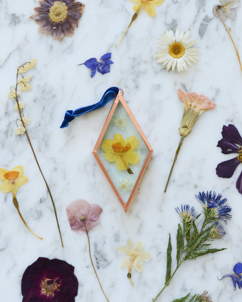 Birth Flower Ornament - Real Pressed Flowers in Beveled Glass and Copper