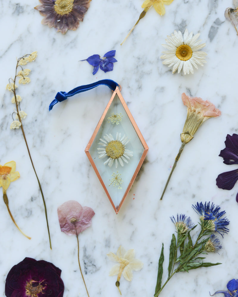 Birth Flower Ornament - Real Pressed Flowers in Beveled Glass and Copper