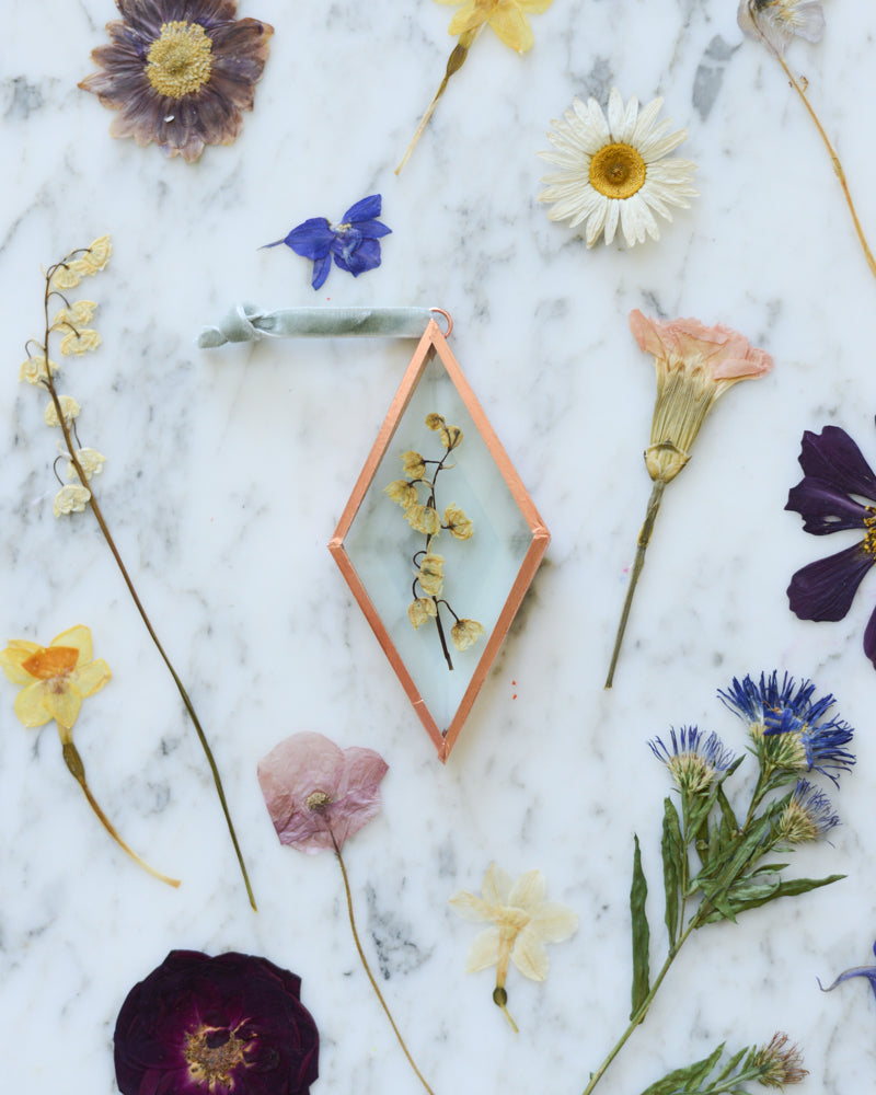 Birth Flower Ornament - Real Pressed Flowers in Beveled Glass and Copper