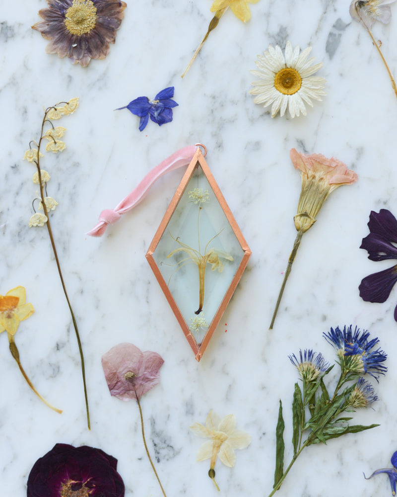 Birth Flower Ornament - Real Pressed Flowers in Beveled Glass and Copper