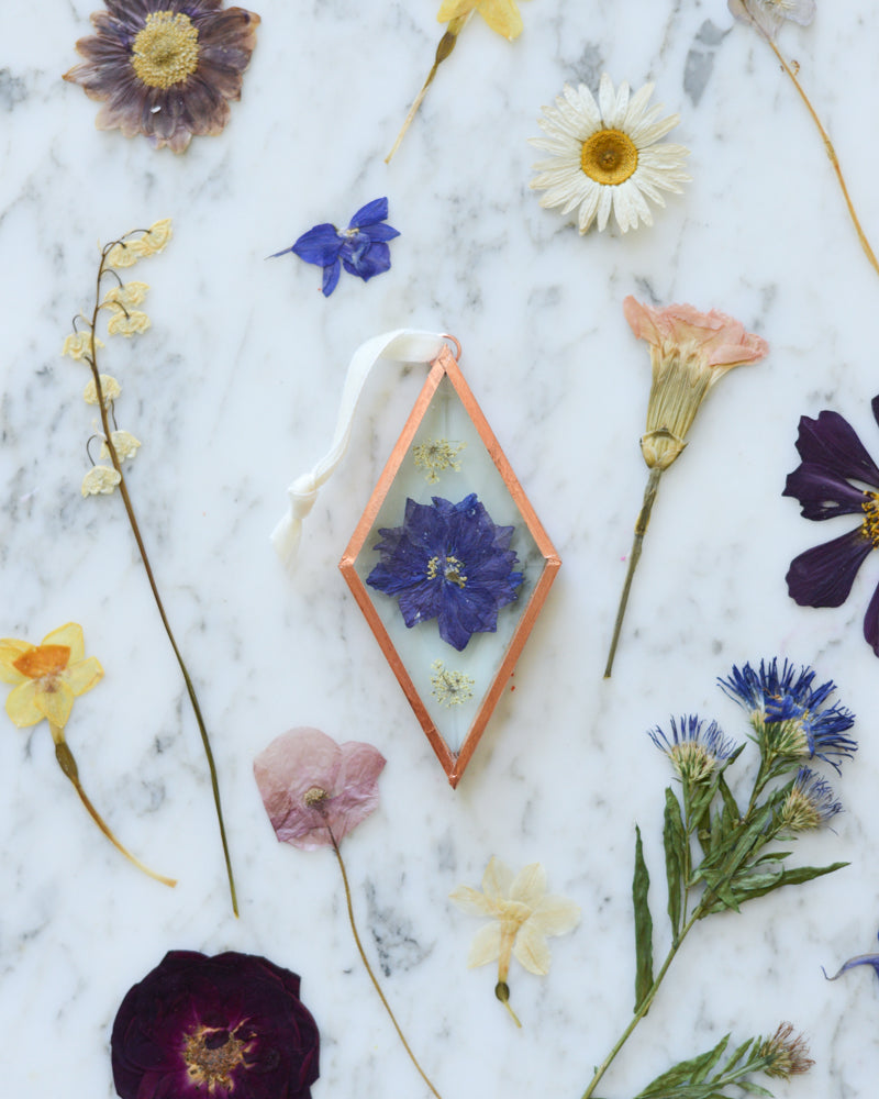 Birth Flower Ornament - Real Pressed Flowers in Beveled Glass and Copper