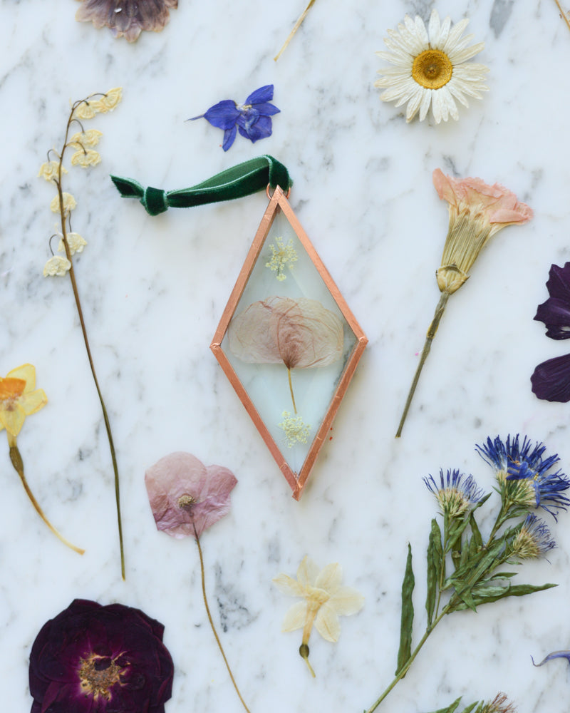 Birth Flower Ornament - Real Pressed Flowers in Beveled Glass and Copper
