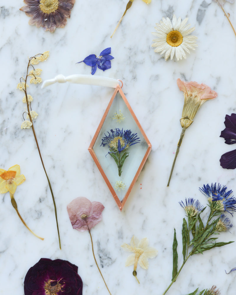 Birth Flower Ornament - Real Pressed Flowers in Beveled Glass and Copper