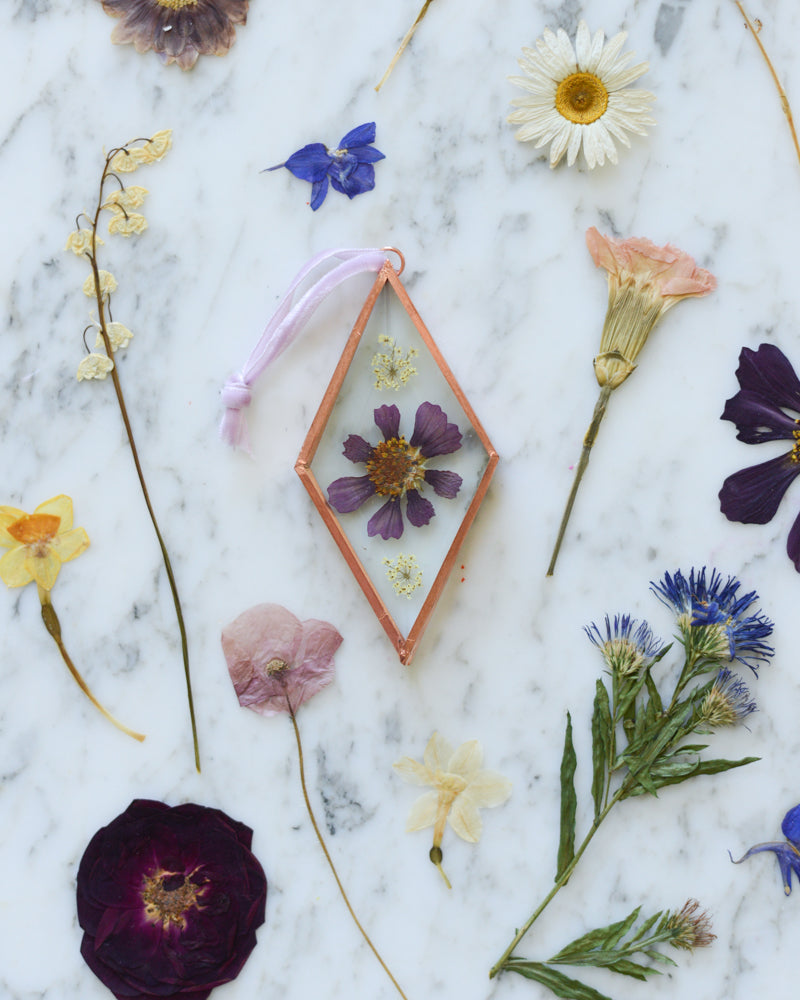 Birth Flower Ornament - Real Pressed Flowers in Beveled Glass and Copper