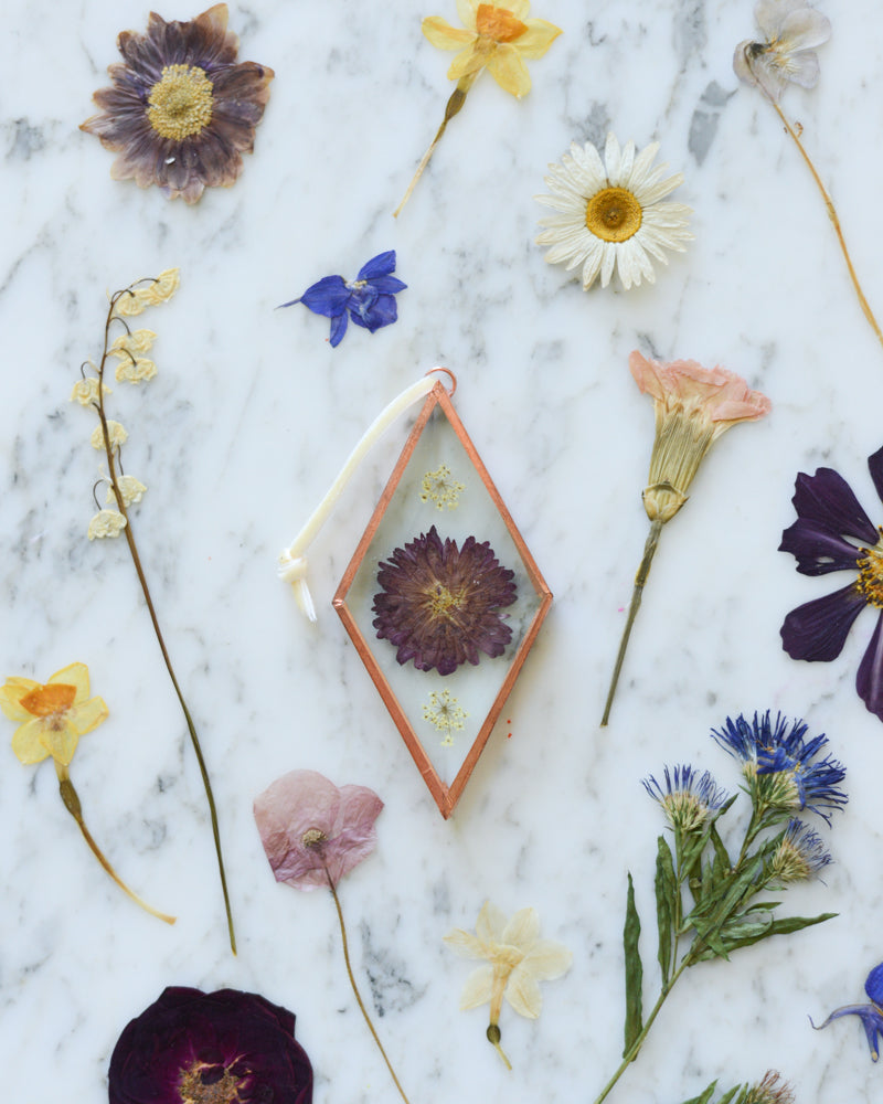 Birth Flower Ornament - Real Pressed Flowers in Beveled Glass and Copper
