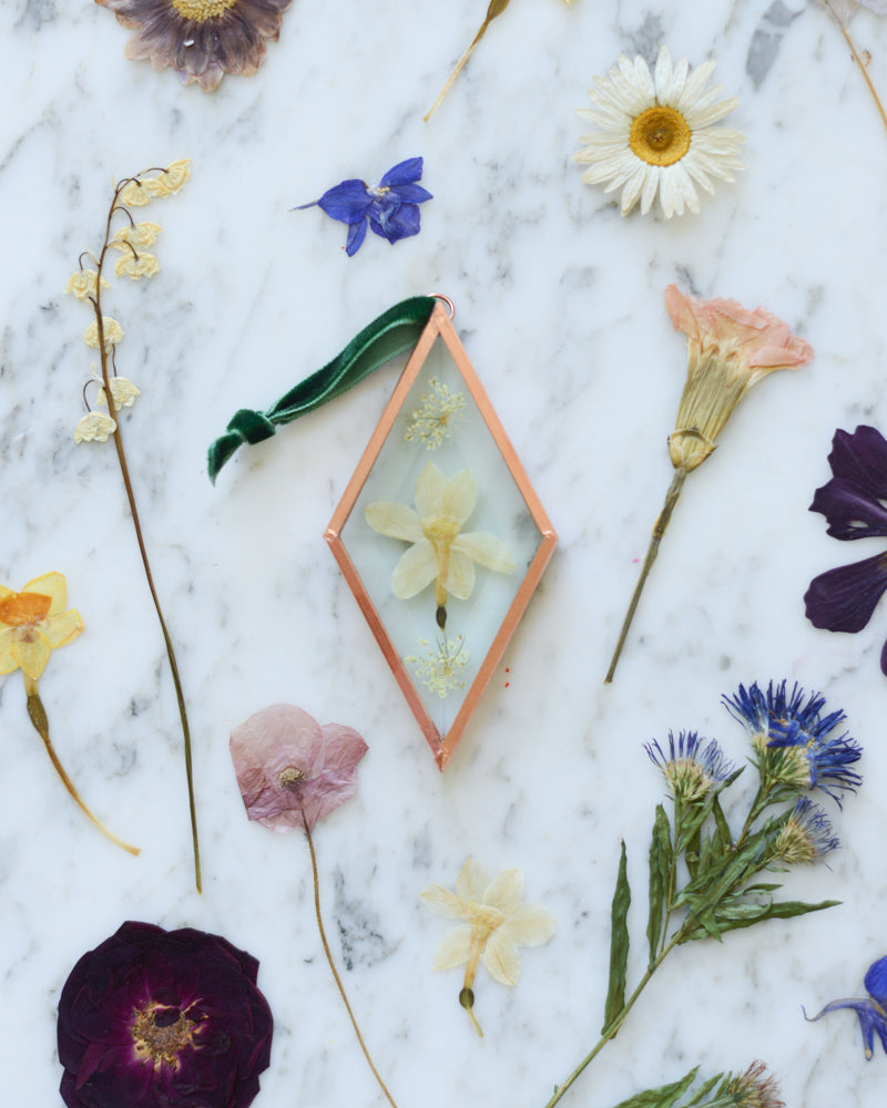 Birth Flower Ornament - Real Pressed Flowers in Beveled Glass and Copper