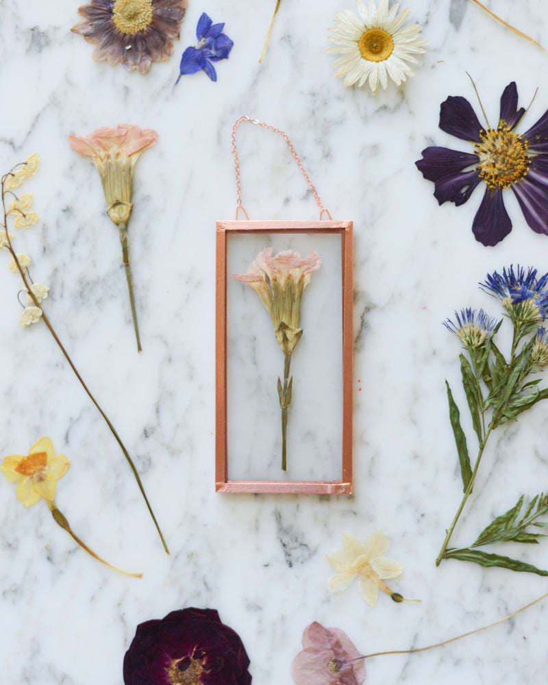 Birth Flowers - Real Pressed Flowers in Small Glass and Copper Wall Hanging