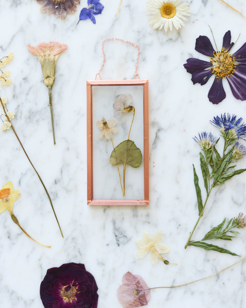 Birth Flowers - Real Pressed Flowers in Small Glass and Copper Wall Hanging