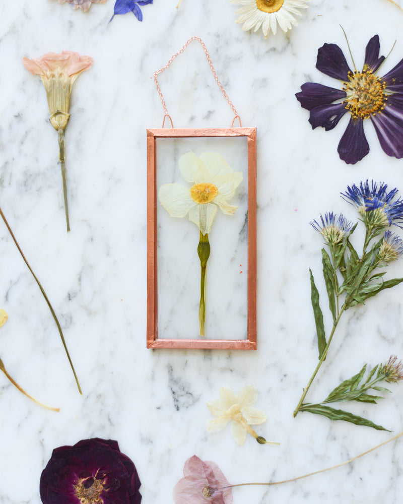 Birth Flowers - Real Pressed Flowers in Small Glass and Copper Wall Hanging