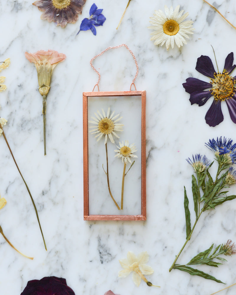 Birth Flowers - Real Pressed Flowers in Small Glass and Copper Wall Hanging