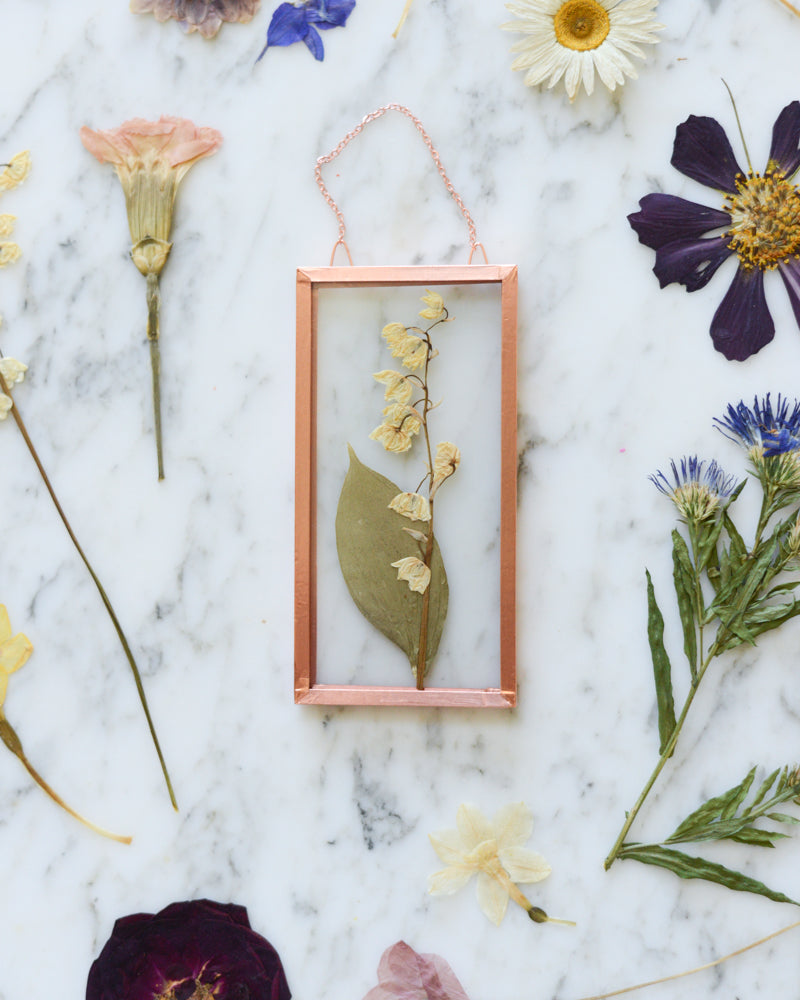 Birth Flowers - Real Pressed Flowers in Small Glass and Copper Wall Hanging