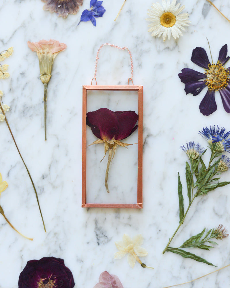 Birth Flowers - Real Pressed Flowers in Small Glass and Copper Wall Hanging