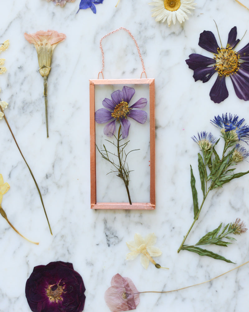 Birth Flowers - Real Pressed Flowers in Small Glass and Copper Wall Hanging