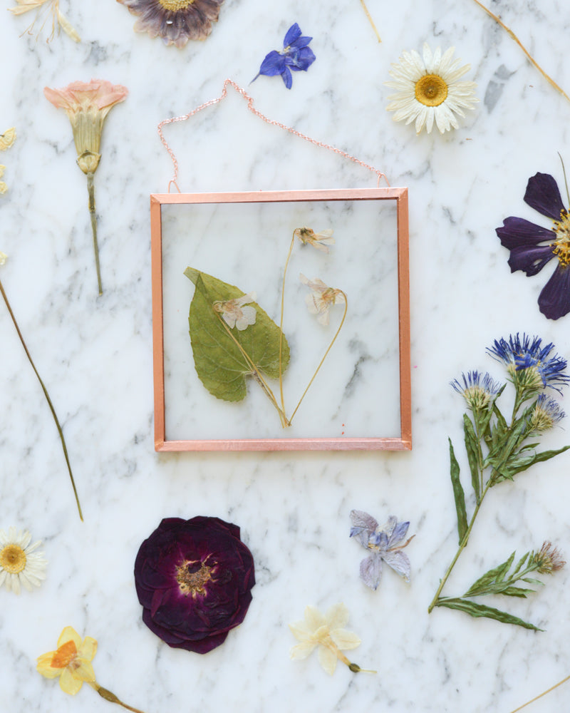 Birth Flowers - Real Pressed Flowers in Small Glass and Copper Wall Hanging