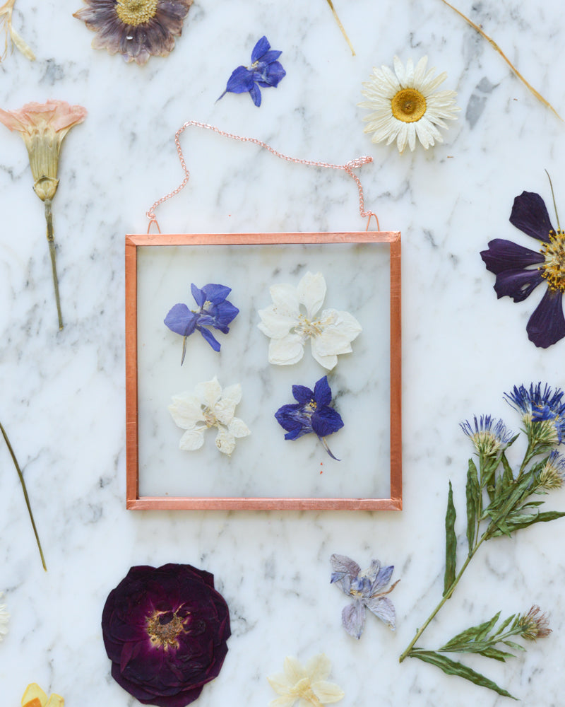 Birth Flowers - Real Pressed Flowers in Small Glass and Copper Wall Hanging