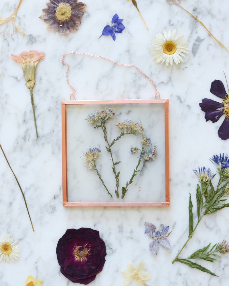 Birth Flowers - Real Pressed Flowers in Small Glass and Copper Wall Hanging