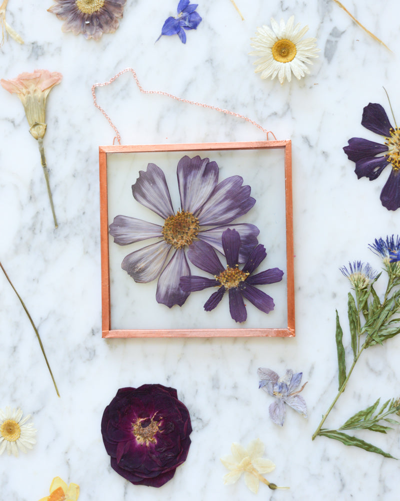 Birth Flowers - Real Pressed Flowers in Small Glass and Copper Wall Hanging