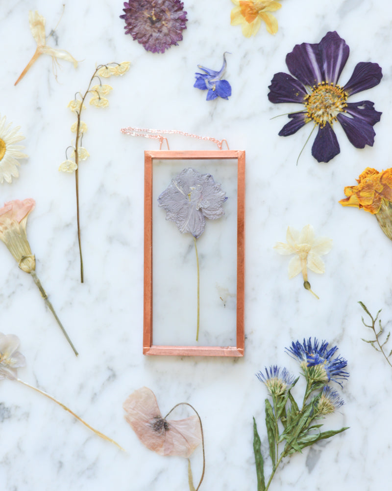 Birth Flowers - Real Pressed Flowers in Small Glass and Copper Wall Hanging
