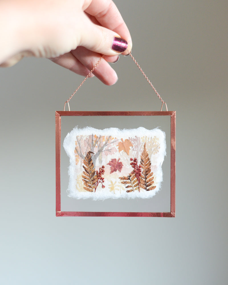 Falling Leaves - Watercolor in Small Glass and Copper Wall Hanging