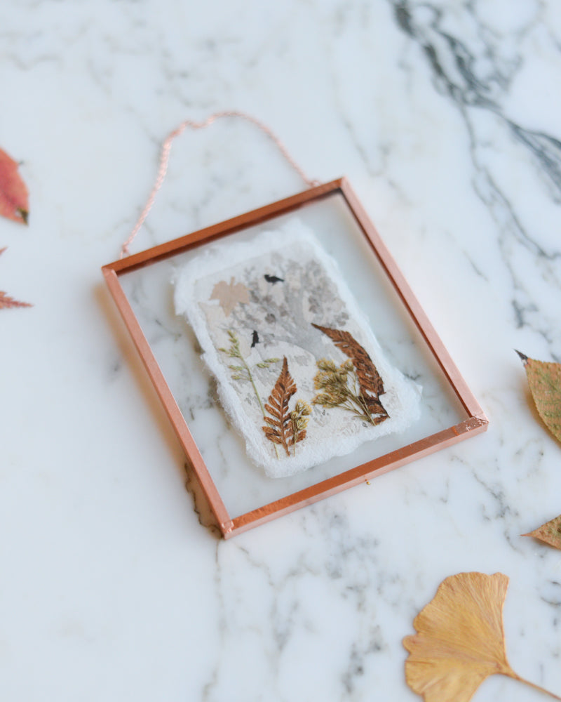 Falling Leaves - Watercolor in Small Glass and Copper Wall Hanging