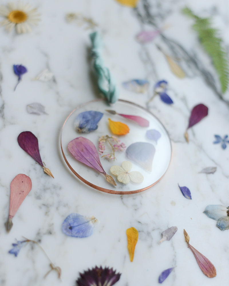 ACRYLIC Round Ornament - Petal Confetti (blue ribbon)