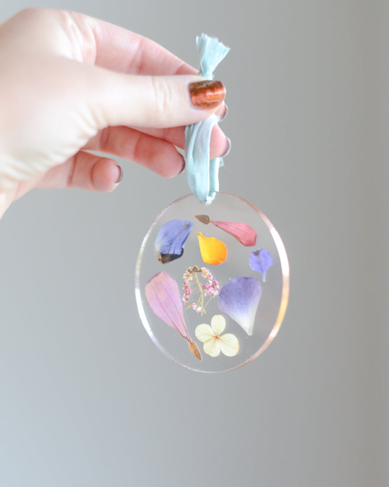 ACRYLIC Round Ornament - Petal Confetti (blue ribbon)